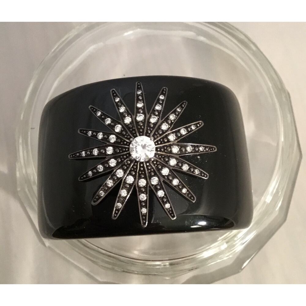 MIRIM by MIRIAM SALAT BLACK RESIN w/STERLING/WHITE TOPAZ STARBURST HINGED BANGLE
